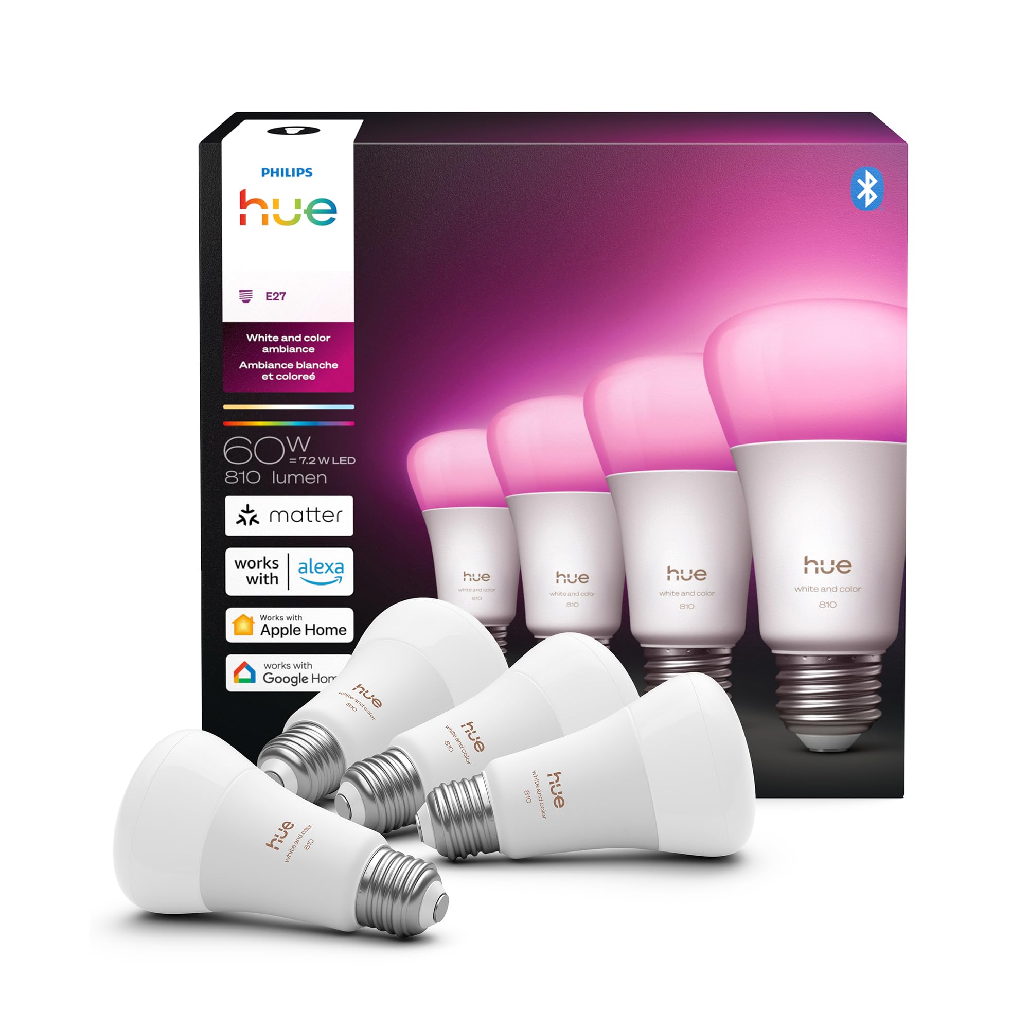 Philips Hue White & Color Ambiance A19 Bulbs, 4-Pack