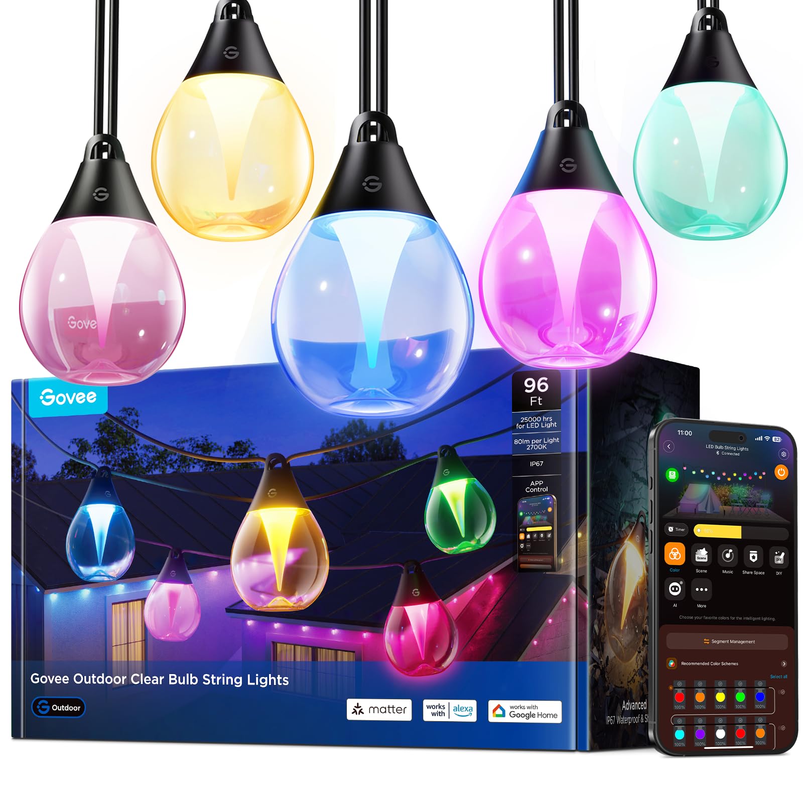 Govee Clear Bulb Outdoor String Lights, 96ft RGBWIC
